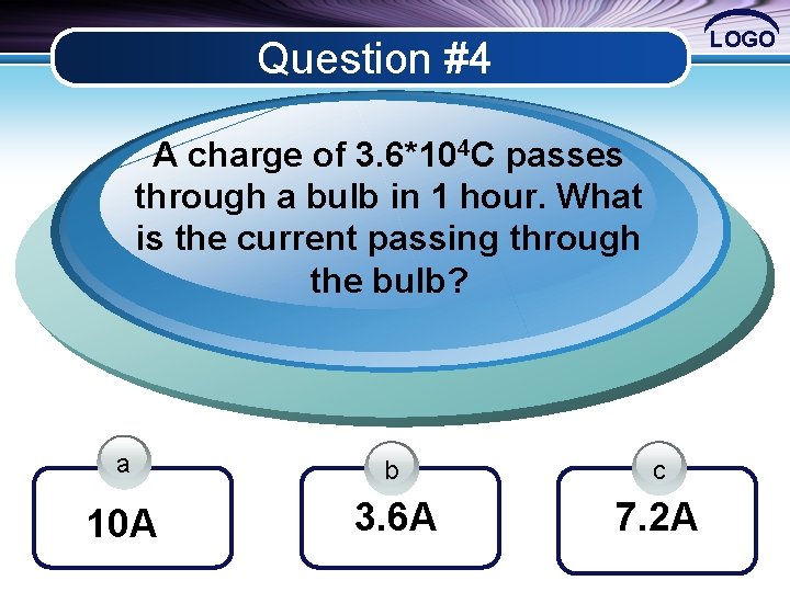 LOGO Question #4 A charge of 3. 6*104 C passes through a bulb in