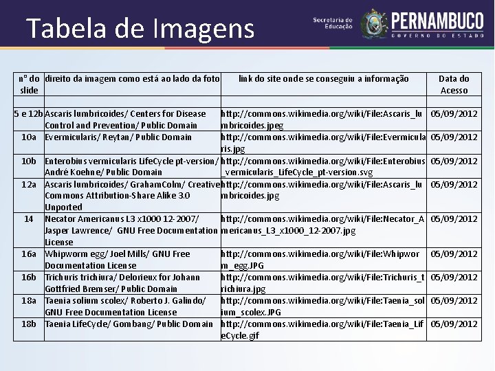 Tabela de Imagens n° do direito da imagem como está ao lado da foto