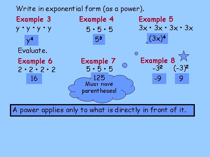 Write in exponential form (as a power). Example 3 Example 4 Example 5 y