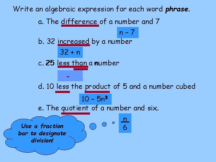 Write an algebraic expression for each word phrase. a. The difference of a number