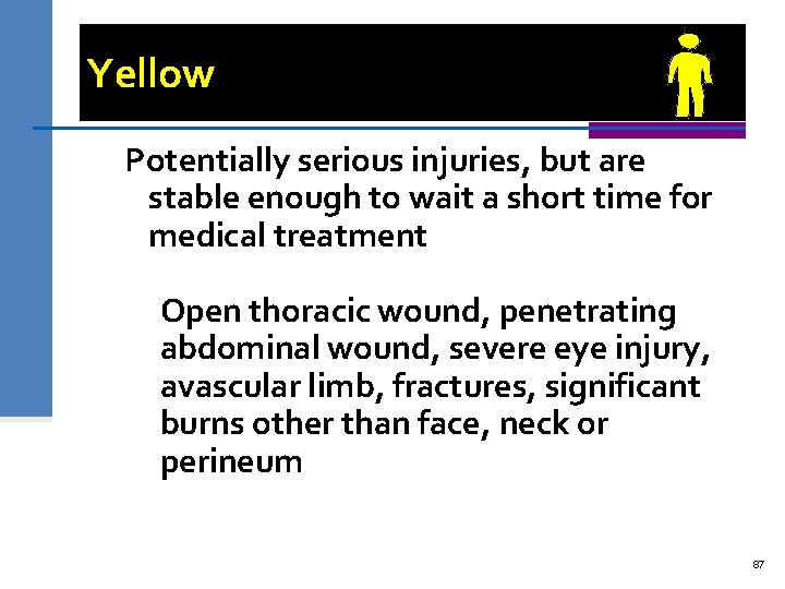 Yellow Potentially serious injuries, but are stable enough to wait a short time for