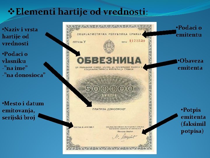 v. Elementi hartije od vrednosti: • Naziv i vrsta hartije od vrednosti • Podaci