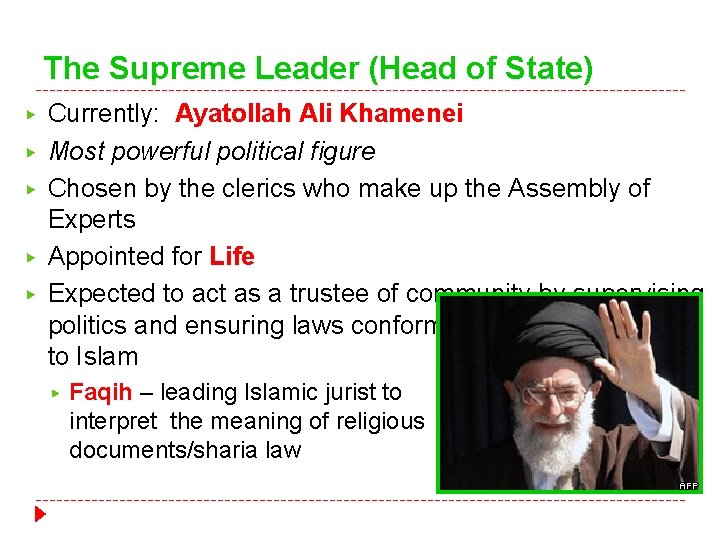 The Supreme Leader (Head of State) ▶ ▶ ▶ Currently: Ayatollah Ali Khamenei Most