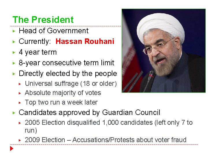 The President ▶ ▶ ▶ Head of Government Currently: Hassan Rouhani 4 year term