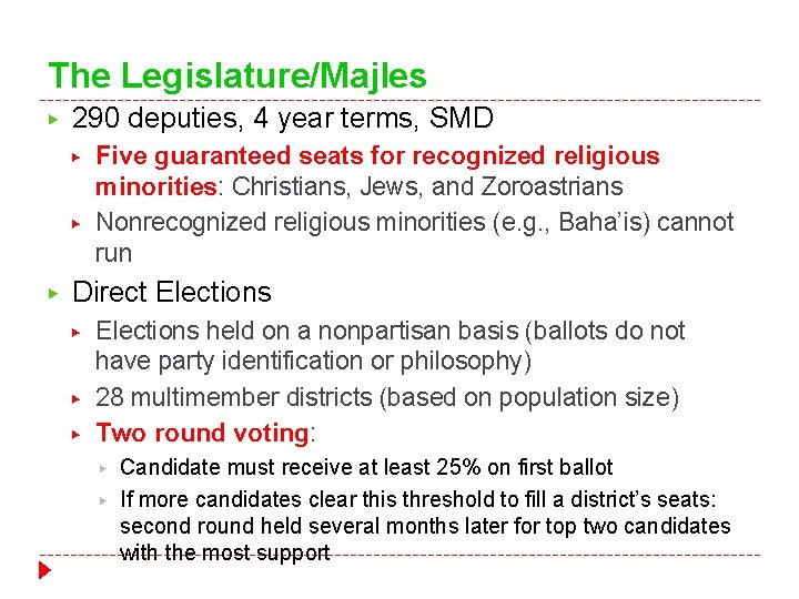 The Legislature/Majles ▶ 290 deputies, 4 year terms, SMD ▶ ▶ ▶ Five guaranteed The Legislature/Majles ▶ 290 deputies, 4 year terms, SMD ▶ ▶ ▶ Five guaranteed