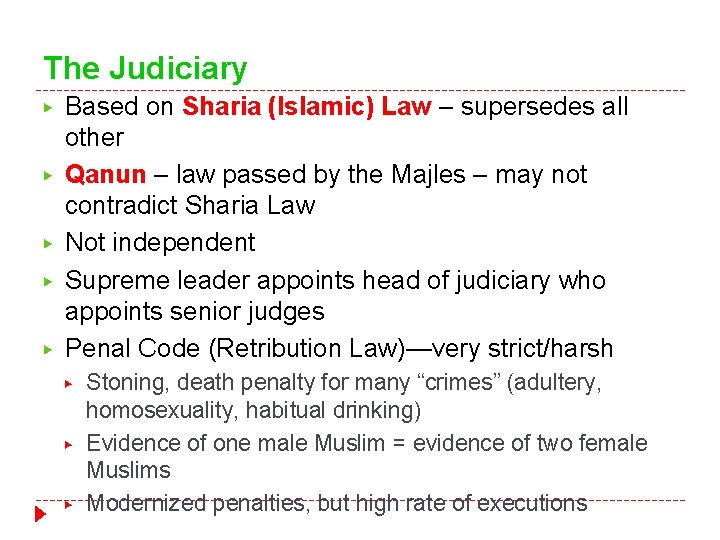 The Judiciary ▶ ▶ ▶ Based on Sharia (Islamic) Law – supersedes all other The Judiciary ▶ ▶ ▶ Based on Sharia (Islamic) Law – supersedes all other