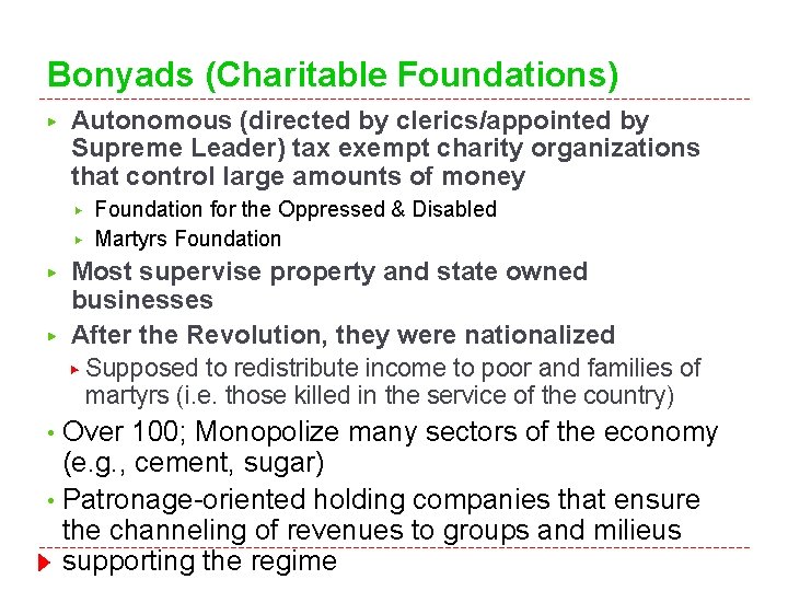 Bonyads (Charitable Foundations) ▶ Autonomous (directed by clerics/appointed by Supreme Leader) tax exempt charity