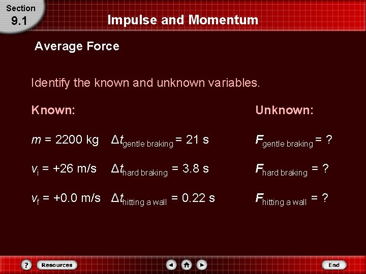 Section 9. 1 Impulse and Momentum Average Force Identify the known and unknown variables. Section 9. 1 Impulse and Momentum Average Force Identify the known and unknown variables.