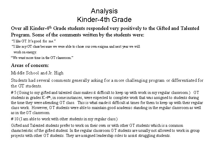 Analysis Kinder-4 th Grade Over all Kinder-4 th Grade students responded very positively to