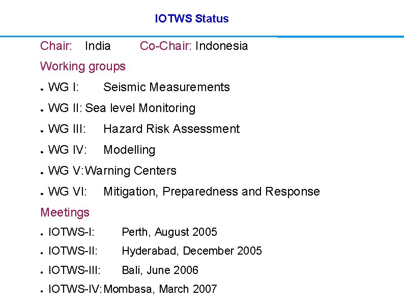 IOTWS Status Chair: India Co-Chair: Indonesia Working groups ● WG I: Seismic Measurements ●
