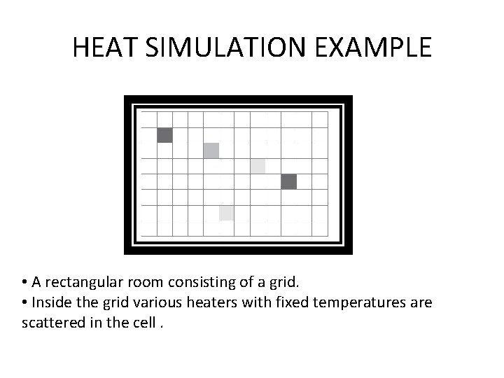 HEAT SIMULATION EXAMPLE • A rectangular room consisting of a grid. • Inside the