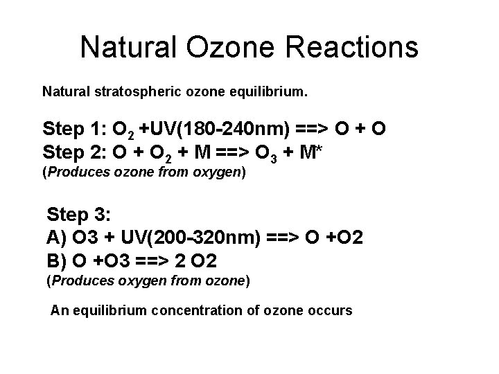 Natural Ozone Reactions Natural stratospheric ozone equilibrium. Step 1: O 2 +UV(180 -240 nm)