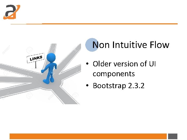 Non Intuitive Flow • Older version of UI components • Bootstrap 2. 3. 2