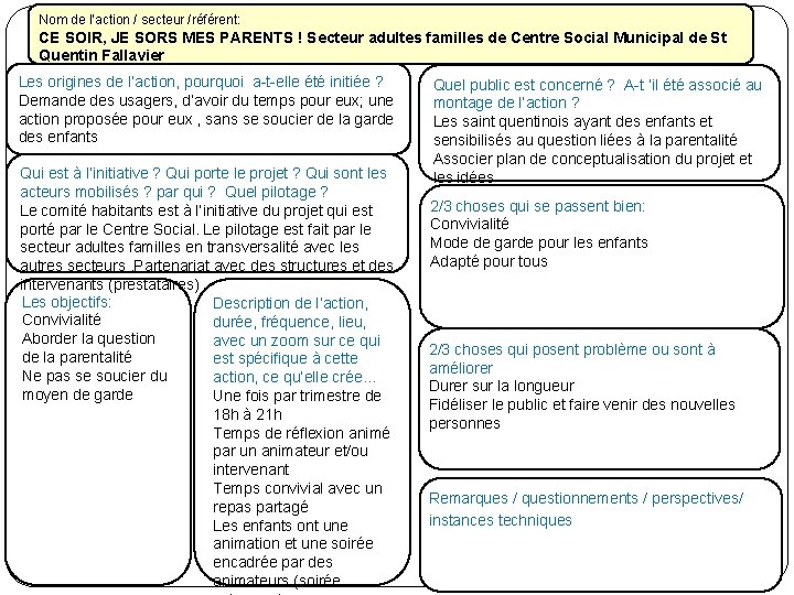 Nom de l’action / secteur /référent: Nom de l’action CE SOIR, JE SORS MES