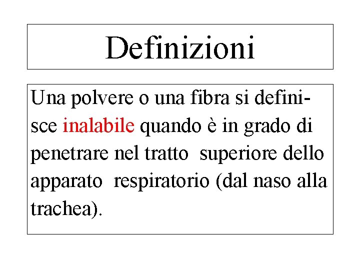 Definizioni Una polvere o una fibra si definisce inalabile quando è in grado di