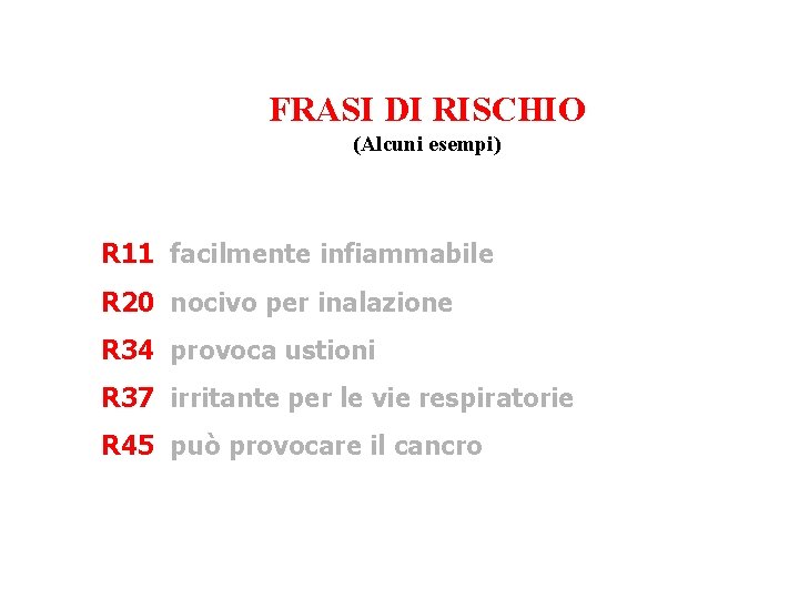 FRASI DI RISCHIO (Alcuni esempi) R 11 facilmente infiammabile R 20 nocivo per inalazione