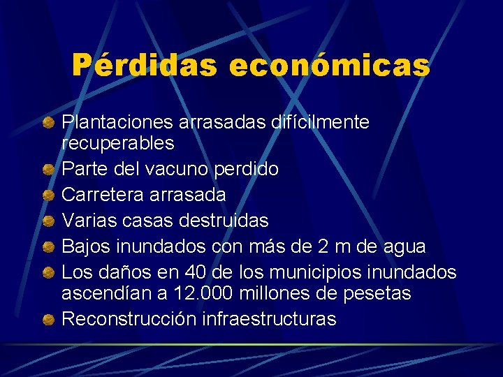 Pérdidas económicas Plantaciones arrasadas difícilmente recuperables Parte del vacuno perdido Carretera arrasada Varias casas