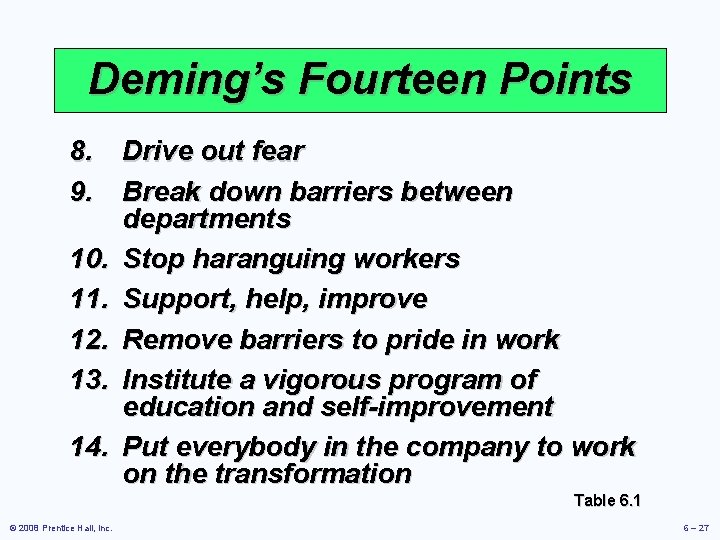 Deming’s Fourteen Points 8. Drive out fear 9. Break down barriers between departments 10.
