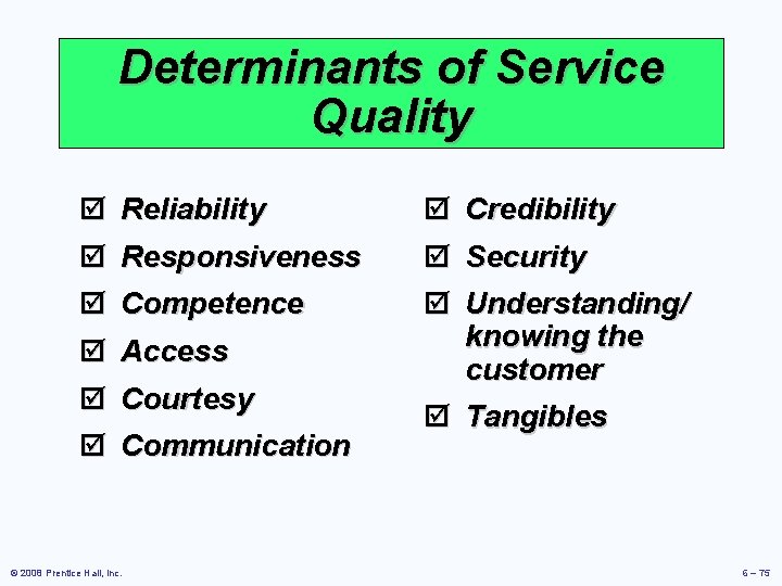 Determinants of Service Quality þ Reliability þ Responsiveness þ Competence þ Access þ Courtesy