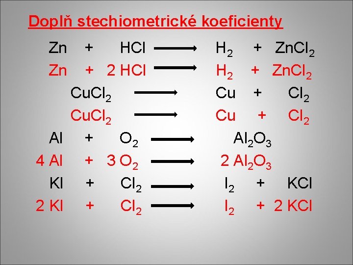 Doplň stechiometrické koeficienty Zn Zn Al 4 Al KI 2 KI + HCl +