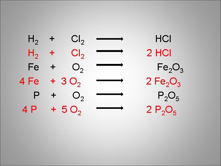 H 2 + Cl 2 Fe + O 2 4 Fe + 3 O
