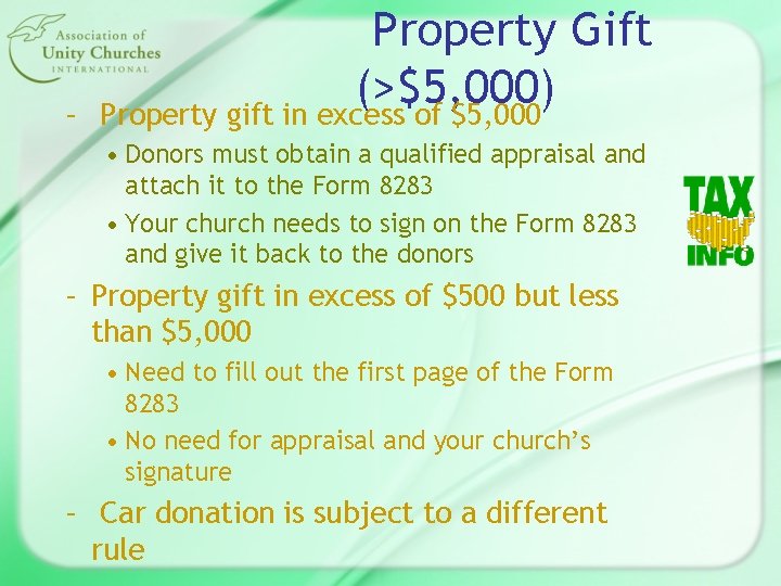 – Property Gift (>$5, 000) Property gift in excess of $5, 000 • Donors