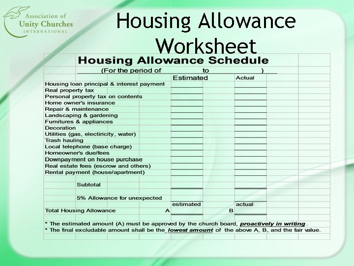 Housing Allowance Worksheet 