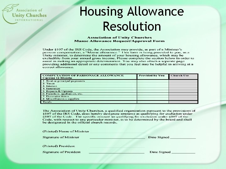 Housing Allowance Resolution 