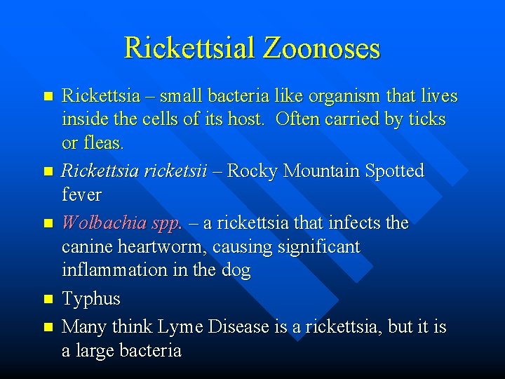 Rickettsial Zoonoses n n n Rickettsia – small bacteria like organism that lives inside