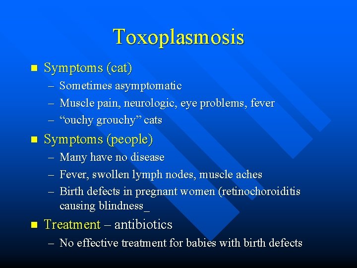 Toxoplasmosis n Symptoms (cat) – Sometimes asymptomatic – Muscle pain, neurologic, eye problems, fever