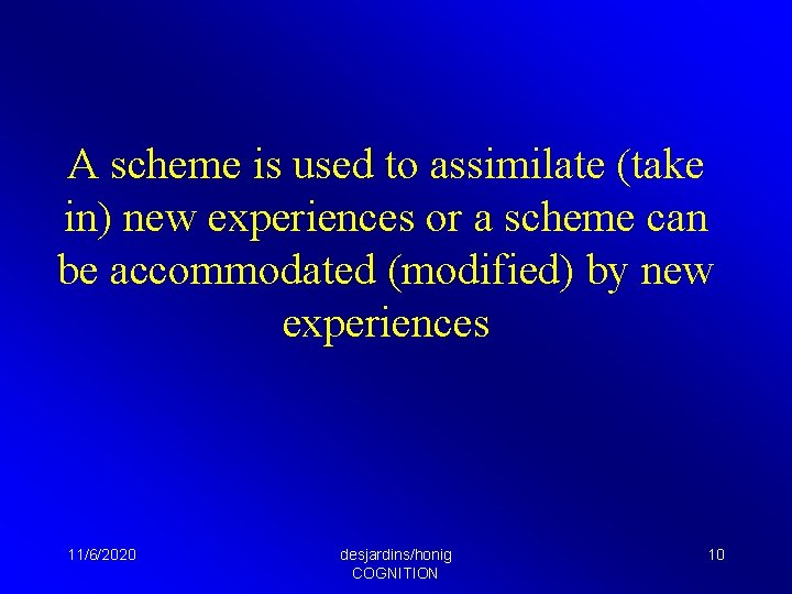 A scheme is used to assimilate (take in) new experiences or a scheme can