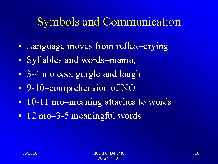 Symbols and Communication • • • Language moves from reflex–crying Syllables and words–mama, 3
