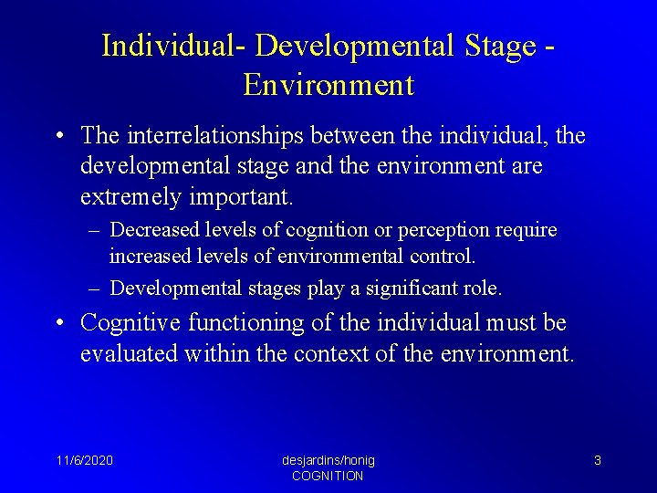 Individual- Developmental Stage Environment • The interrelationships between the individual, the developmental stage and