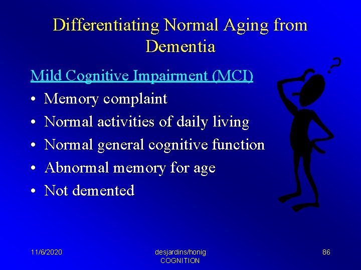 Differentiating Normal Aging from Dementia Mild Cognitive Impairment (MCI) • Memory complaint • Normal