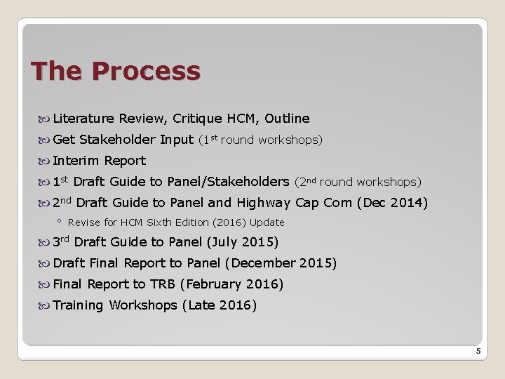 The Process Literature Review, Critique HCM, Outline Get Stakeholder Input (1 st round workshops)