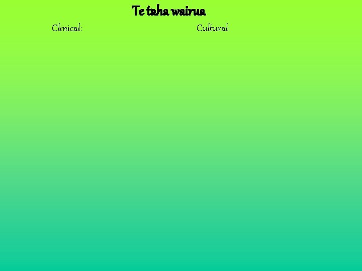 Te taha wairua Clinical: Cultural: 