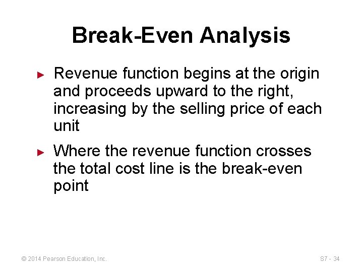 Break-Even Analysis ► ► Revenue function begins at the origin and proceeds upward to