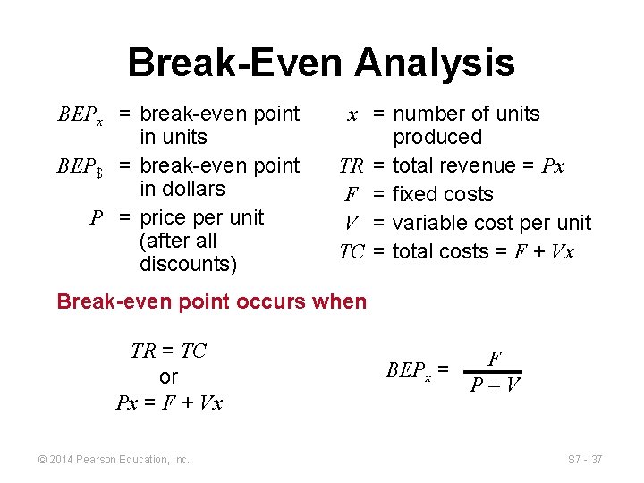 Break-Even Analysis BEPx = break-even point in units BEP$ = break-even point in dollars