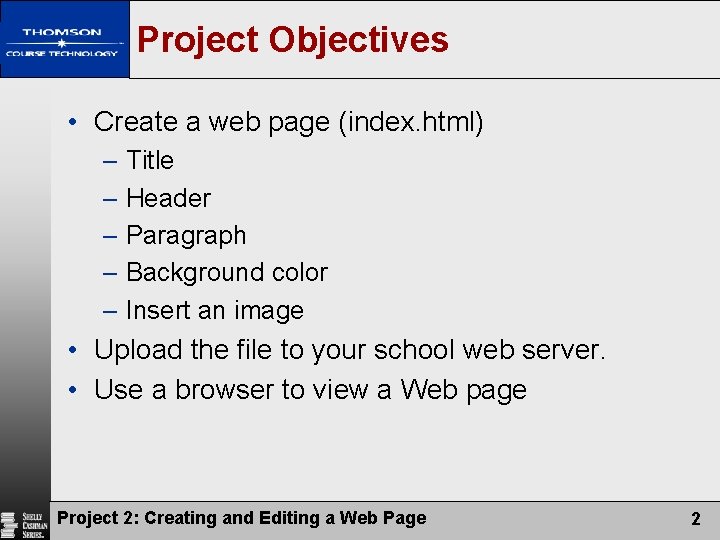 Project Objectives • Create a web page (index. html) – Title – Header –