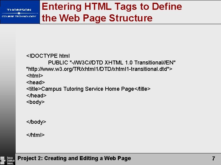 Entering HTML Tags to Define the Web Page Structure <!DOCTYPE html PUBLIC "-//W 3