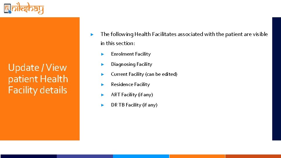 ► The following Health Facilitates associated with the patient are visible in this section: