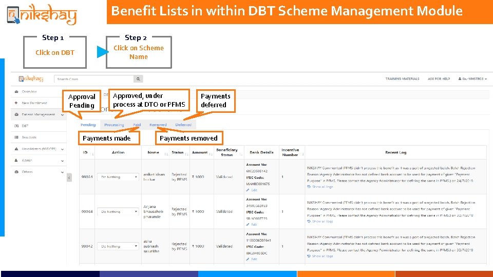 Benefit Lists in within DBT Scheme Management Module Step 1 Step 2 Click on