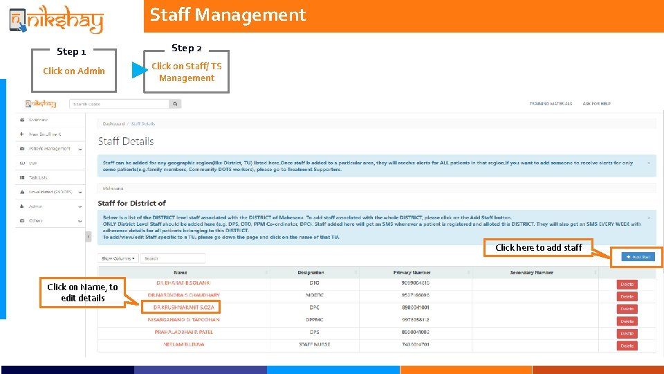 Staff Management Step 1 Step 2 Click on Admin Click on Staff/ TS Management