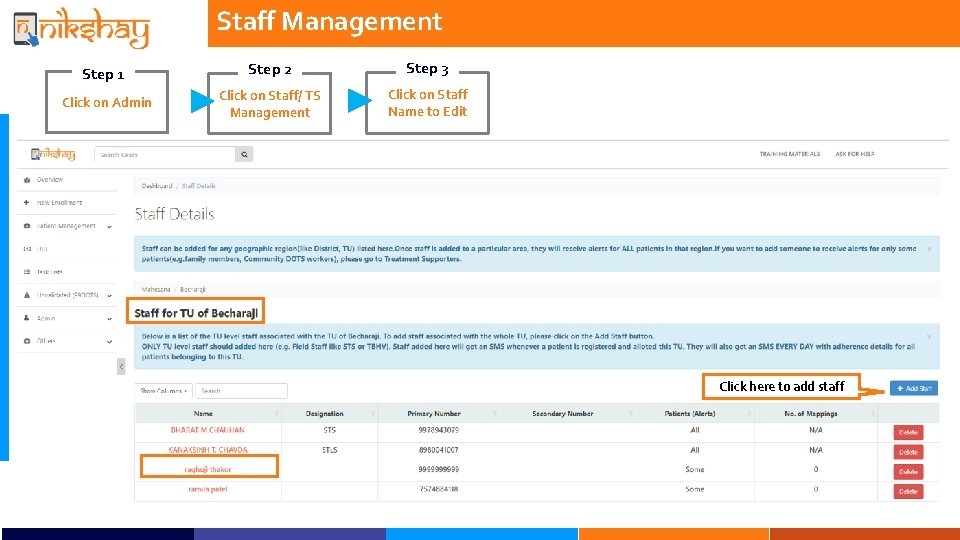 Staff Management Step 1 Step 2 Step 3 Click on Admin Click on Staff/