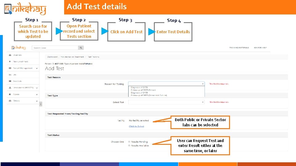 Add Test details Step 1 Step 2 Step 3 Step 4 Search case for