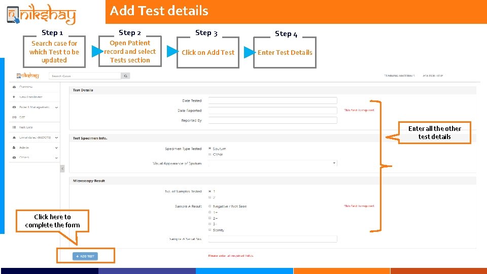 Add Test details Step 1 Step 2 Step 3 Step 4 Search case for