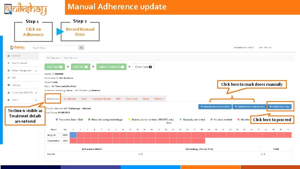 Manual Adherence update Step 1 Step 2 Click on Adherence Record Manual Dose Click