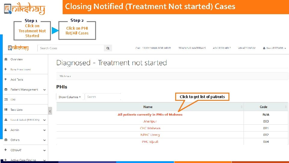 Closing Notified (Treatment Not started) Cases Step 1 Click on Treatment Not Started Step