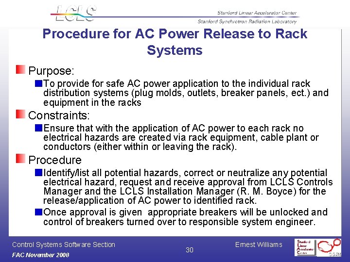 Procedure for AC Power Release to Rack Systems Purpose: To provide for safe AC