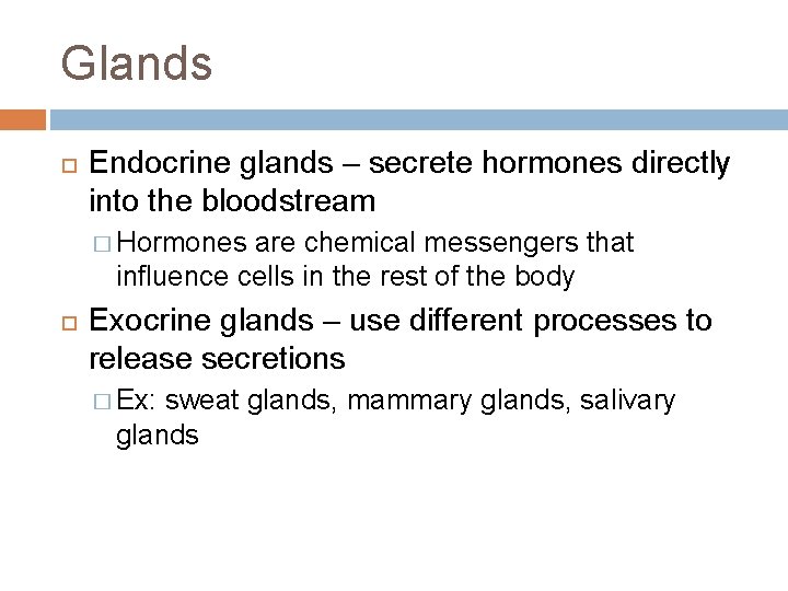 Glands Endocrine glands – secrete hormones directly into the bloodstream � Hormones are chemical